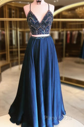 2 Pieces Navy Blue Formal Prom Dresses, Dark Blue 2 Pieces Formal Dresses, Formal Dresses